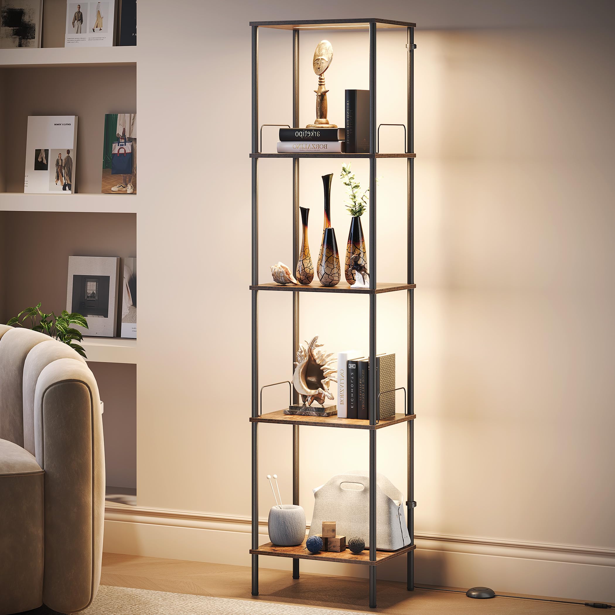 SUNMORY display shelf front view with dimmable lighting enhances collectible visibility