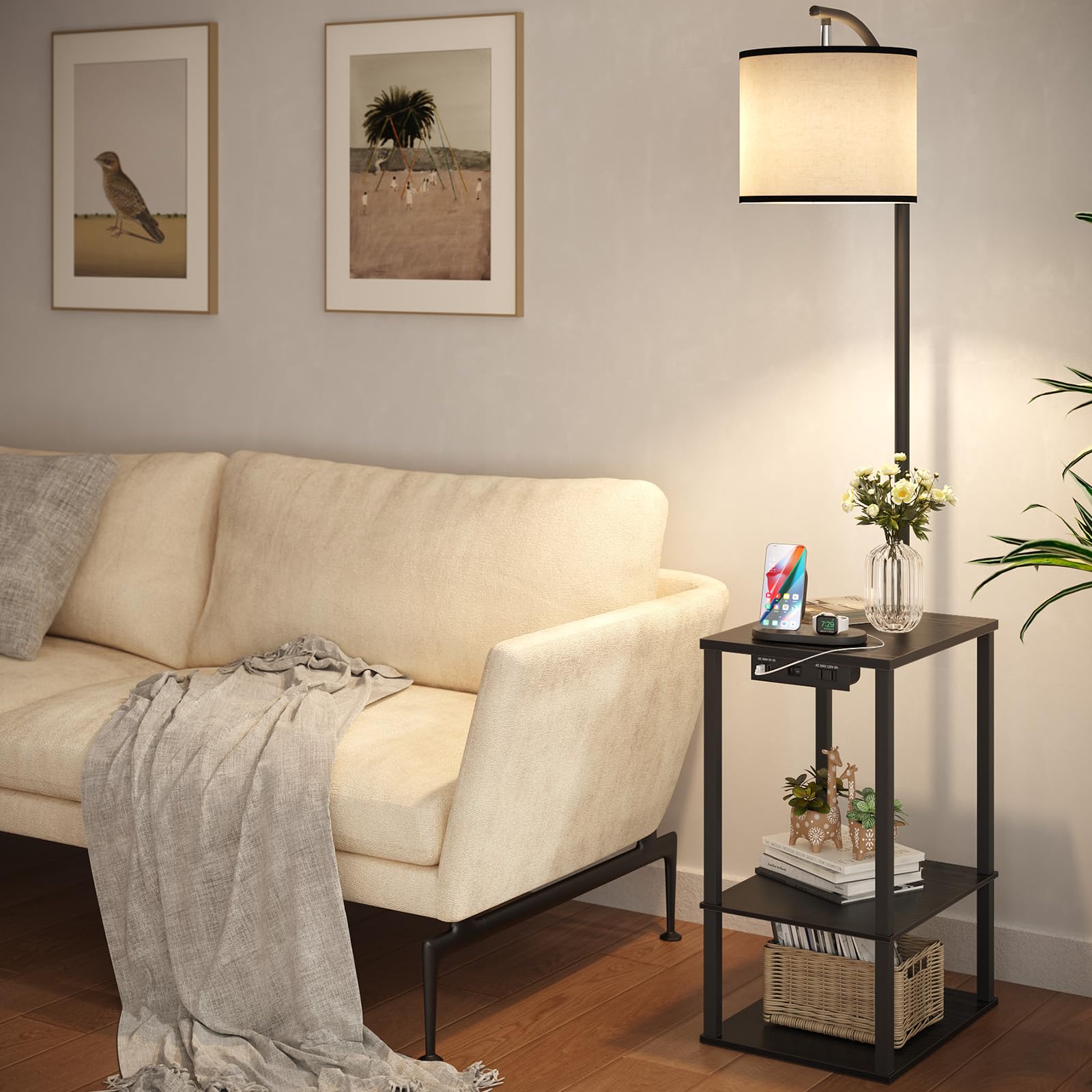 SUNMORY end table with lamp and open shelves for display and storage.