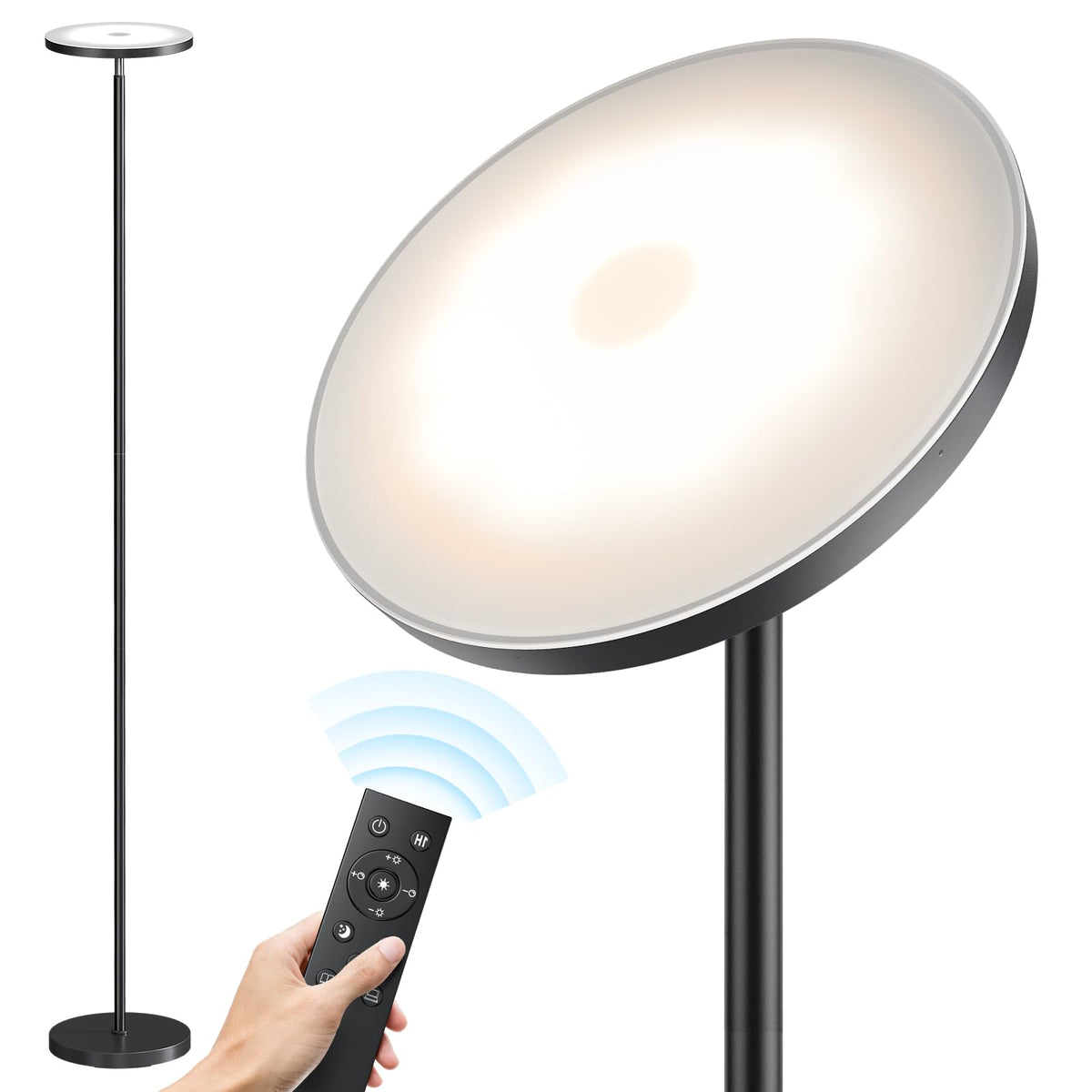 SUNMORY floor lamp with remote control for easy wireless dimming in living spaces.