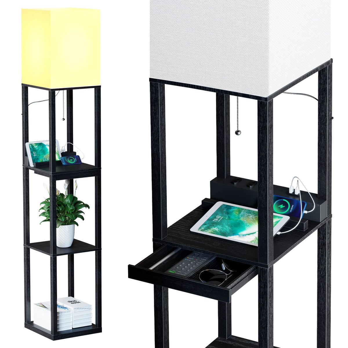 SUNMORY floor lamp with shelves and drawer adds organized storage and warm lighting.