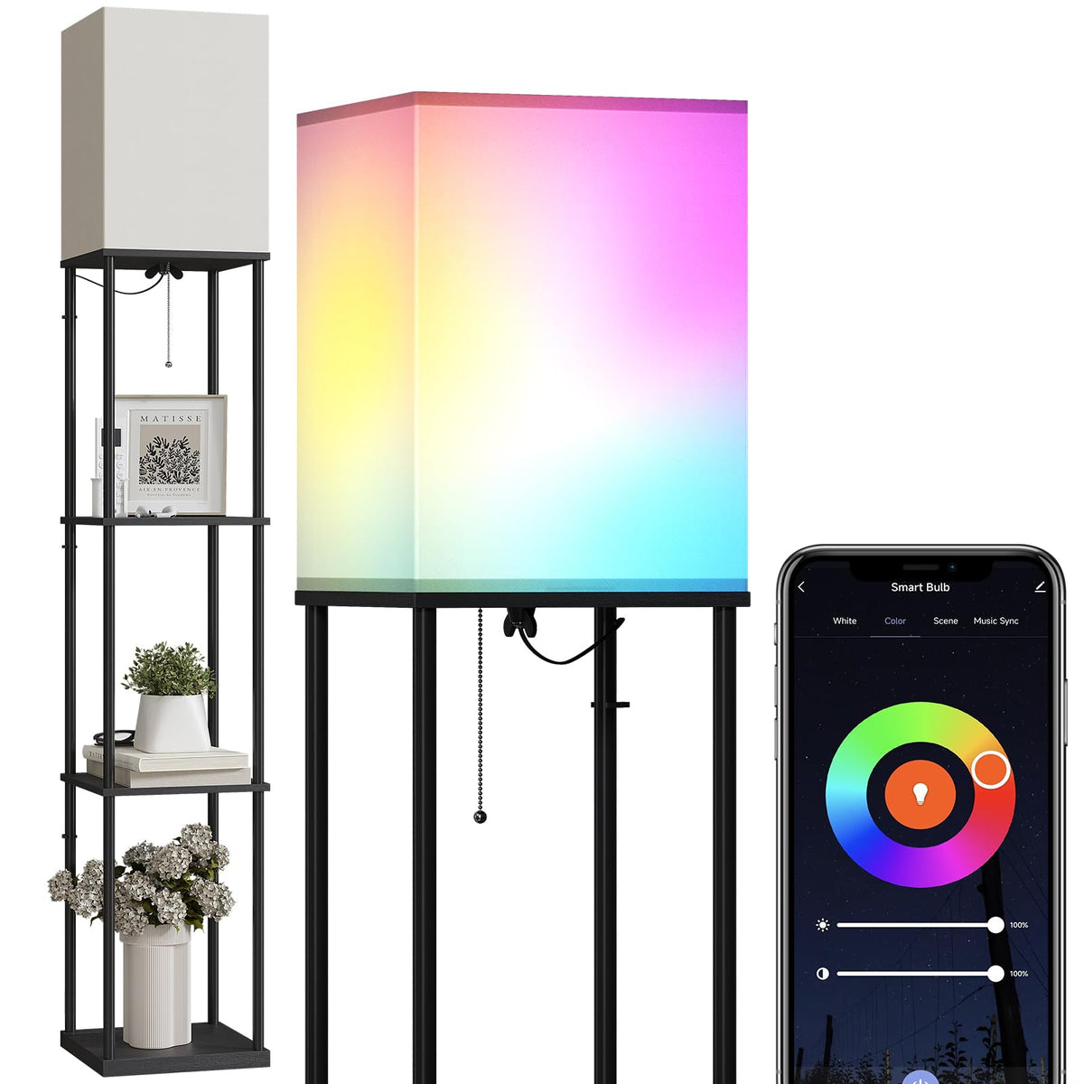 SUNMORY floor lamp with shelves showing RGB bulb for versatile ambiance