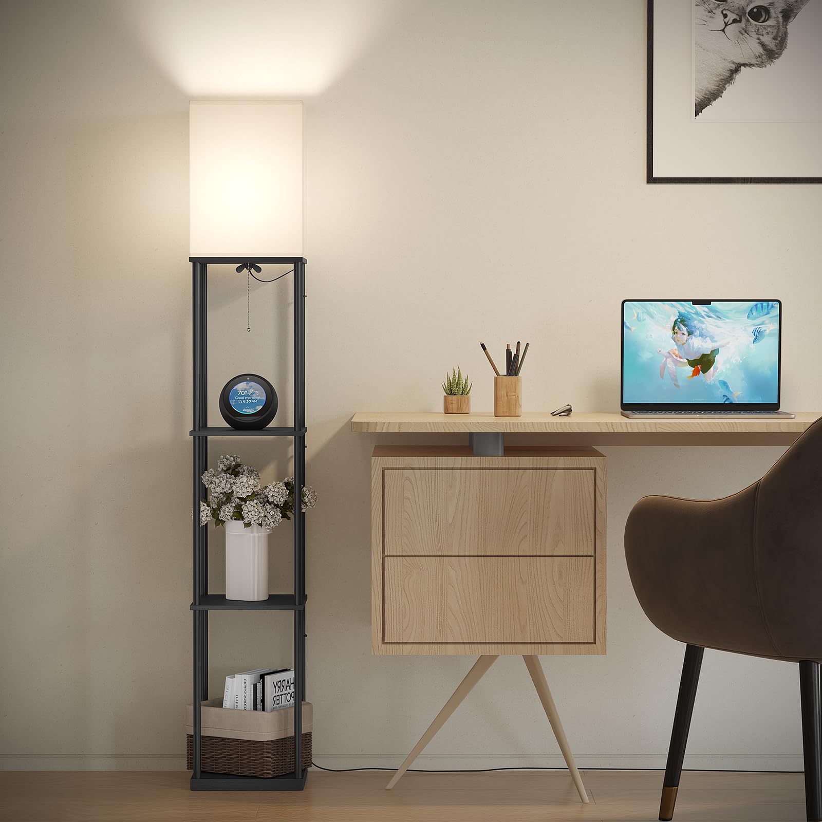 SUNMORY lamp with three-tier shelves keeps books and decor organized