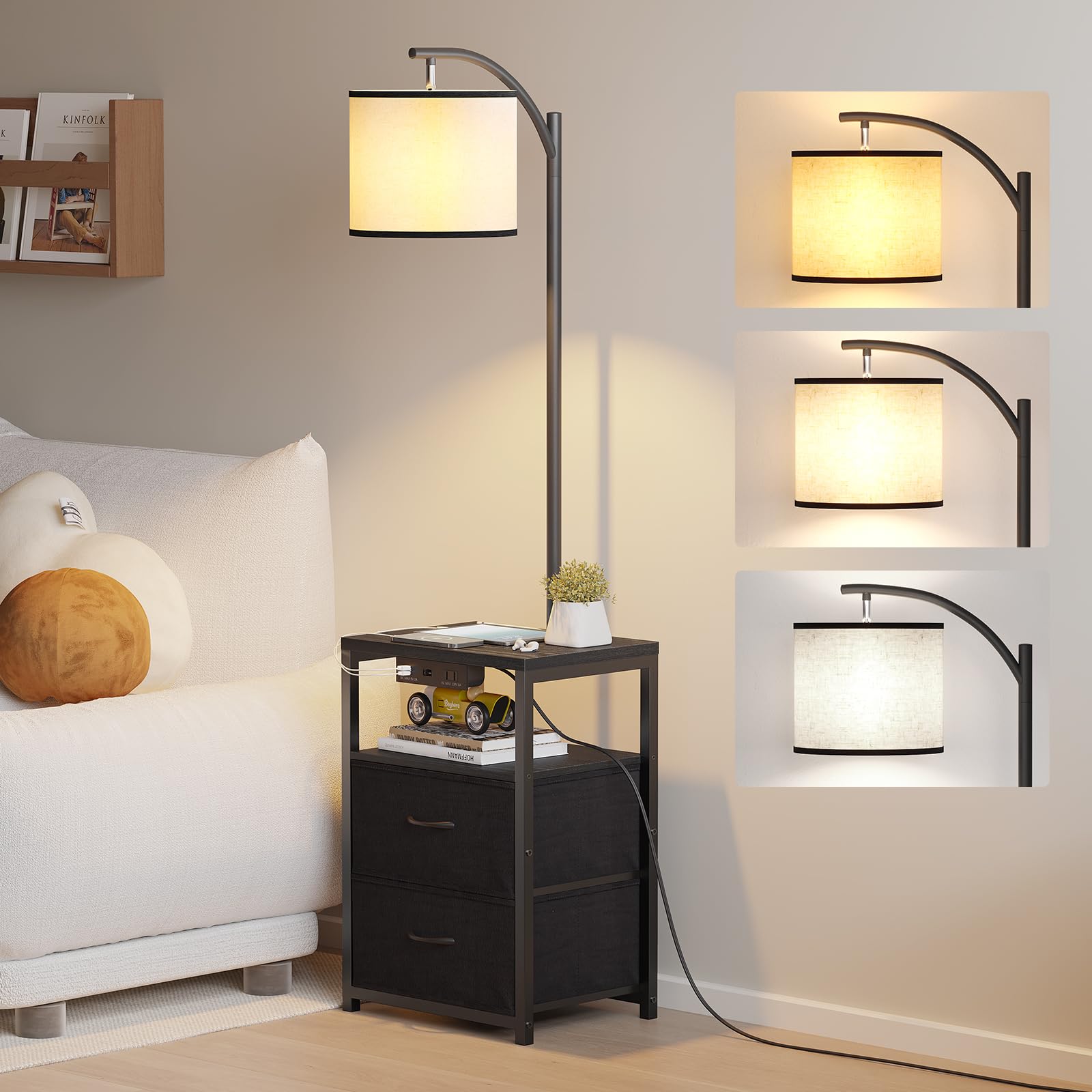 SUNMORY floor lamp with table and drawers provides convenient bedside storage and soft ambient lighting.