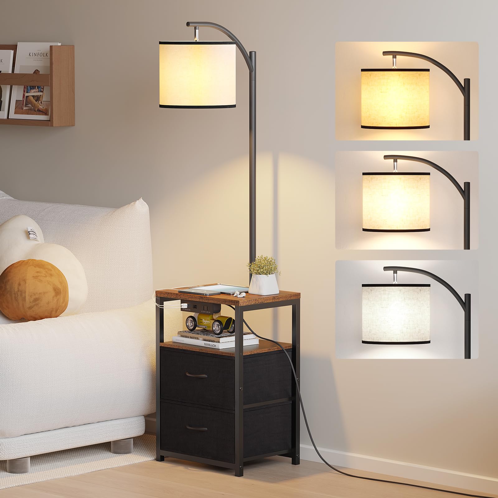 SUNMORY floor lamp with table and drawers, front view, showcasing tidy storage and warm lighting.