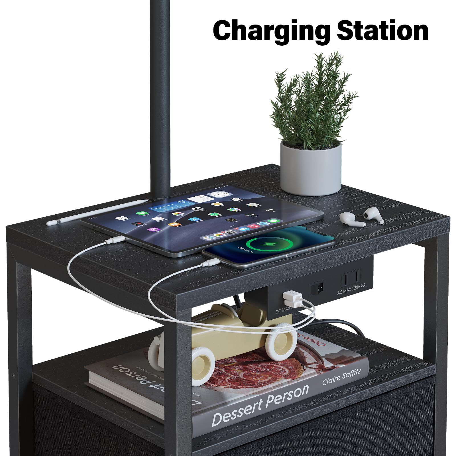 SUNMORY lamp with USB ports and outlet keeps devices charged by the bedside.