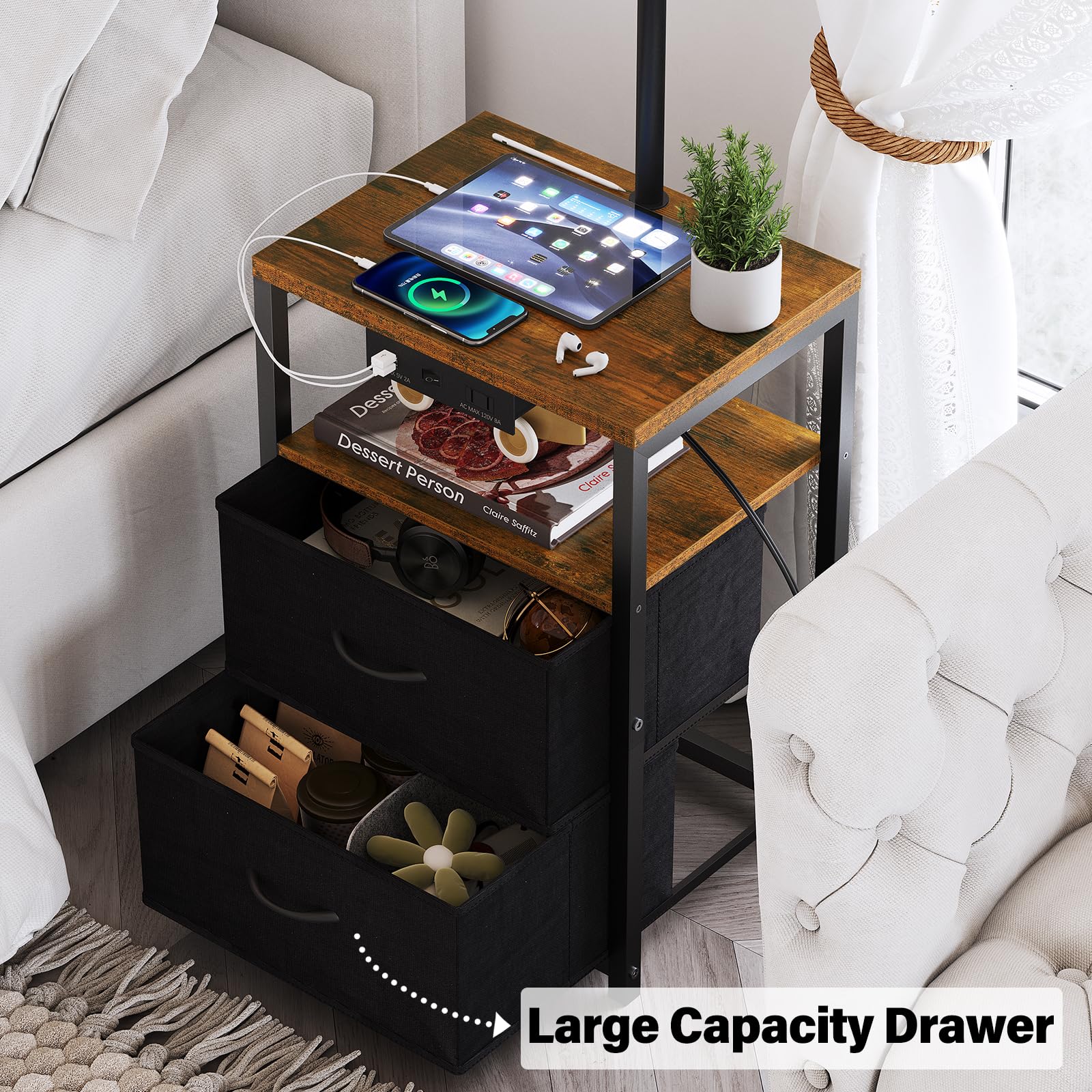 SUNMORY floor lamp with USB ports, top view highlighting built-in device charging.