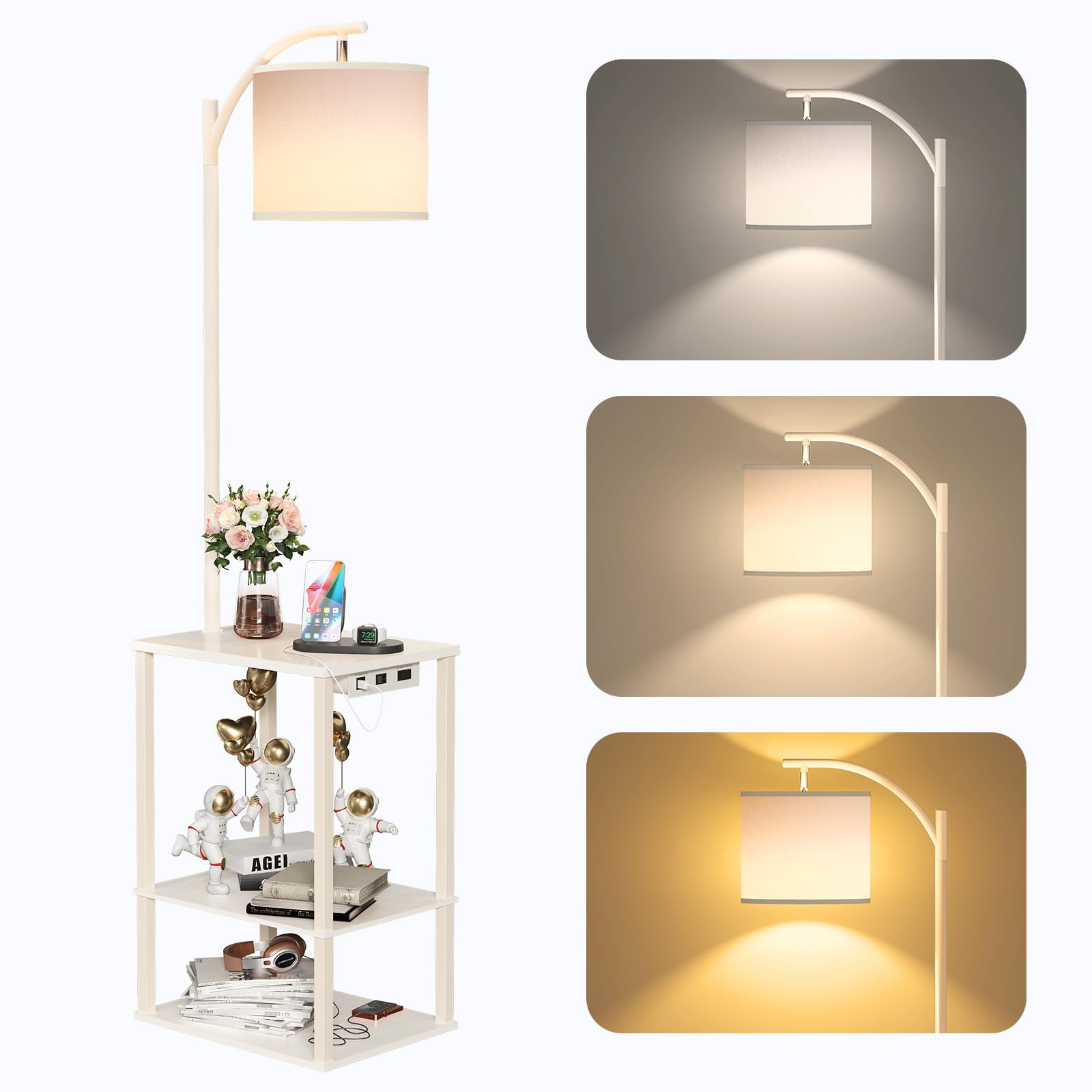 SUNMORY floor lamp with table and shelves offers integrated storage.