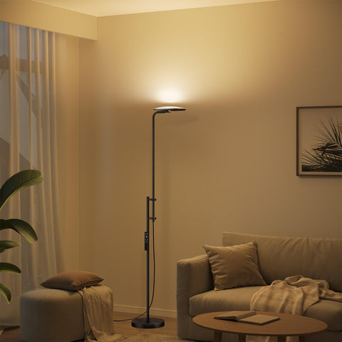 Sunmory dimmable LED floor lamp showing warm to cool color temperature