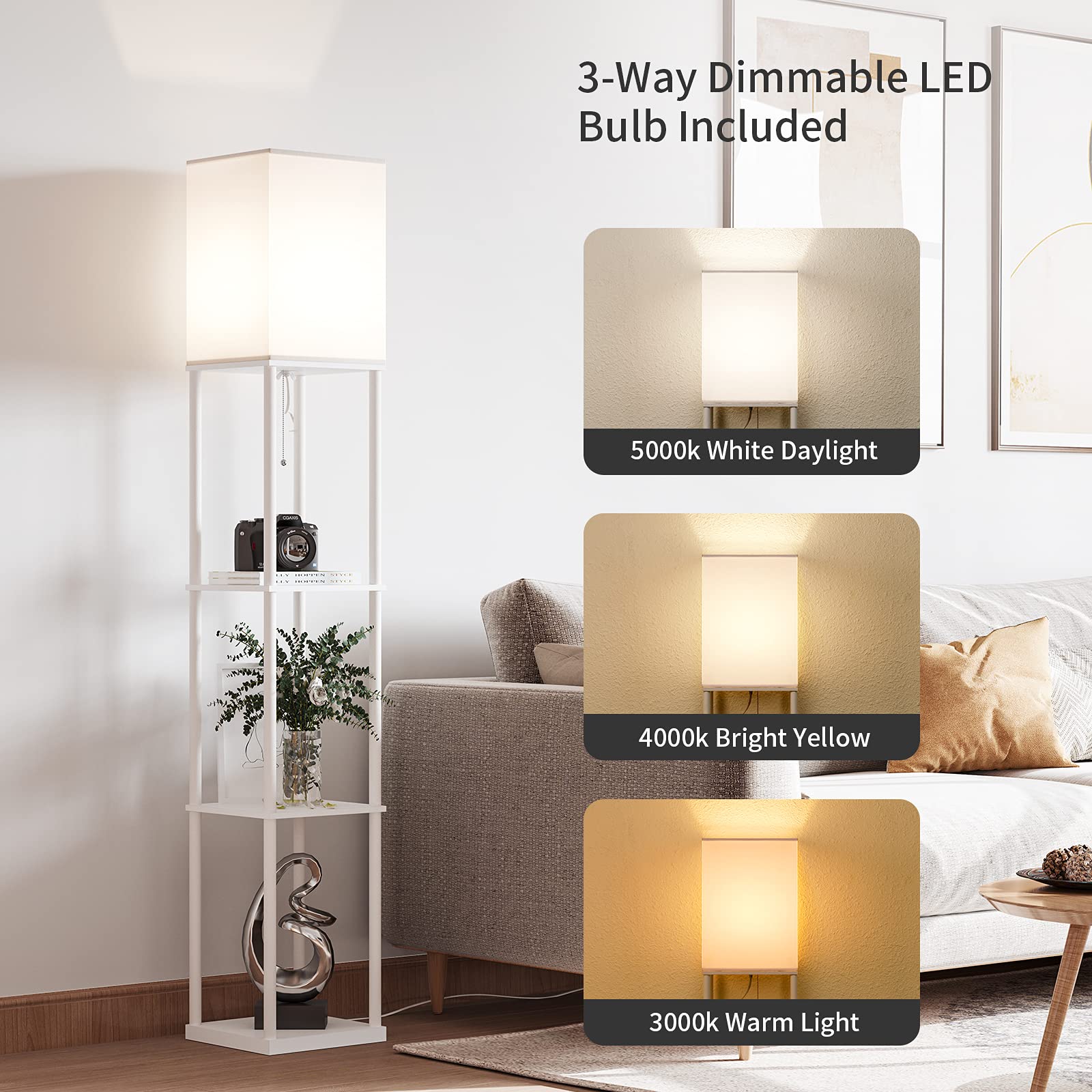 SUNMORY shelf floor lamp with white shade diffusing light softly