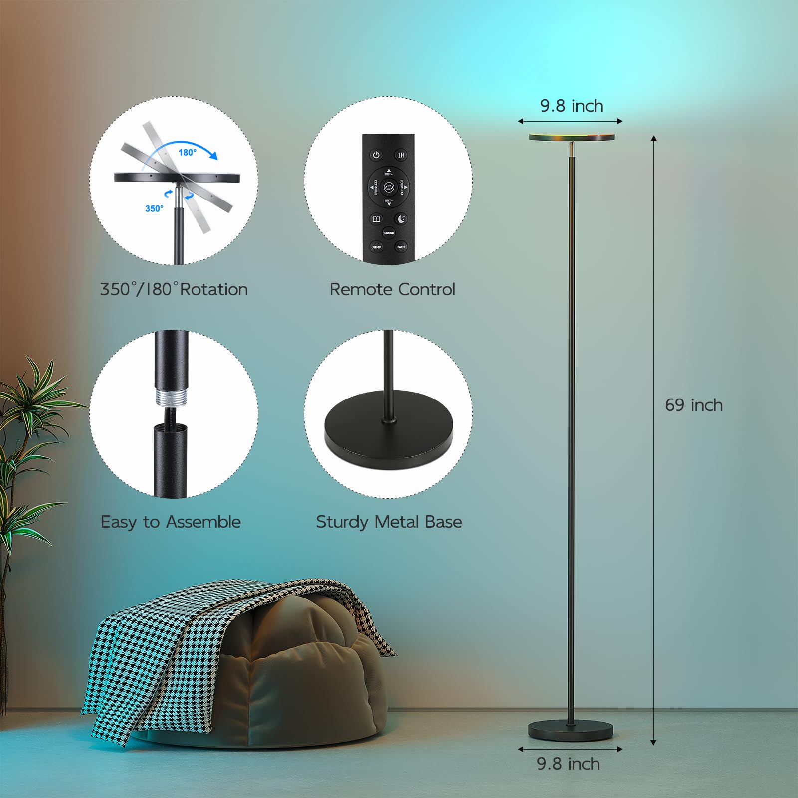 SUNMORY smart RGB floor lamp 360 rotation angle for complete lighting.