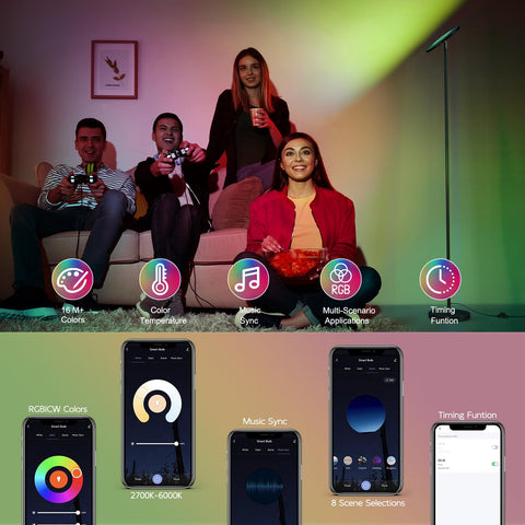 SUNMORY smart RGB floor lamp brightness range supports cozy to bright setups.