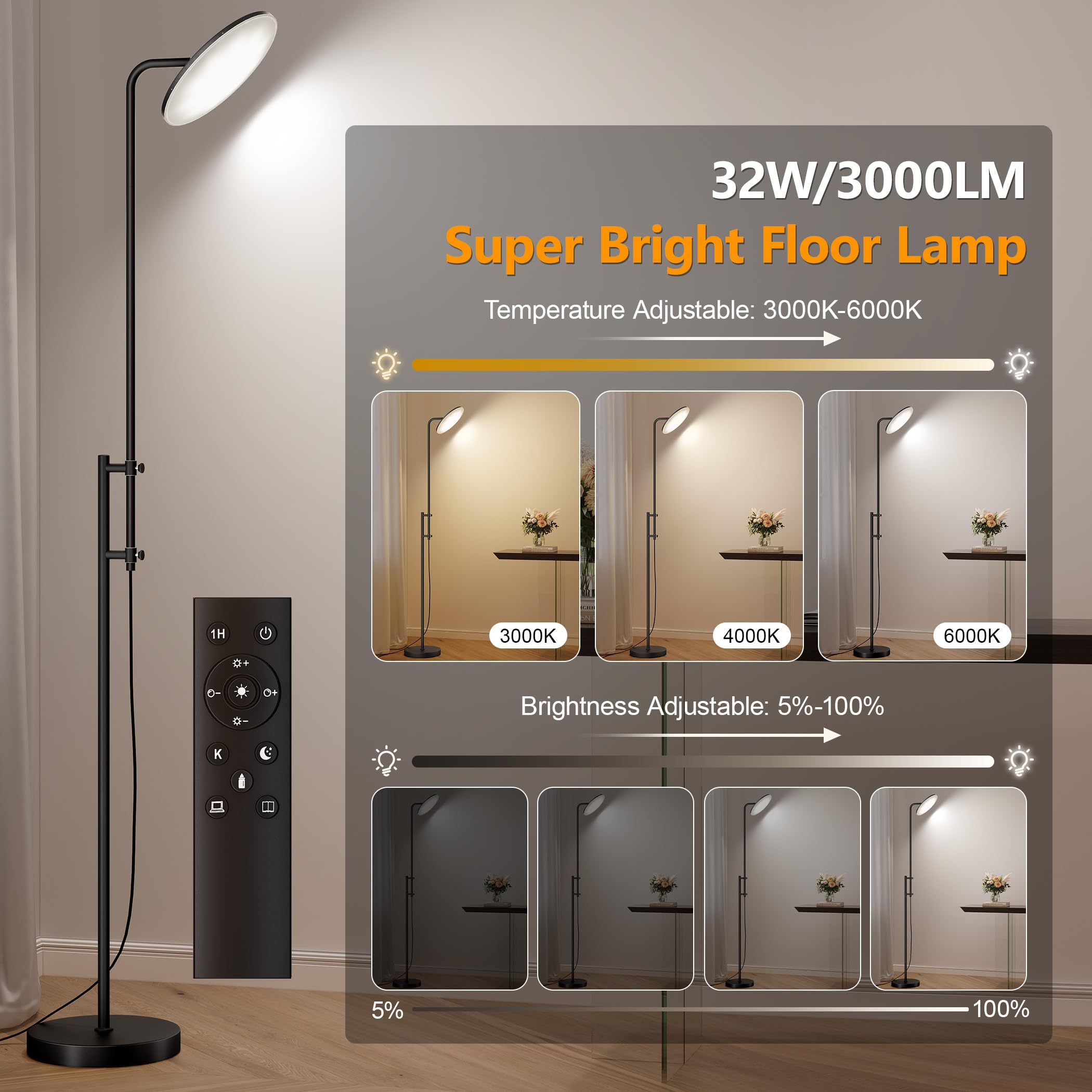 Sunmory tall floor lamp with tilting head for precise task lighting