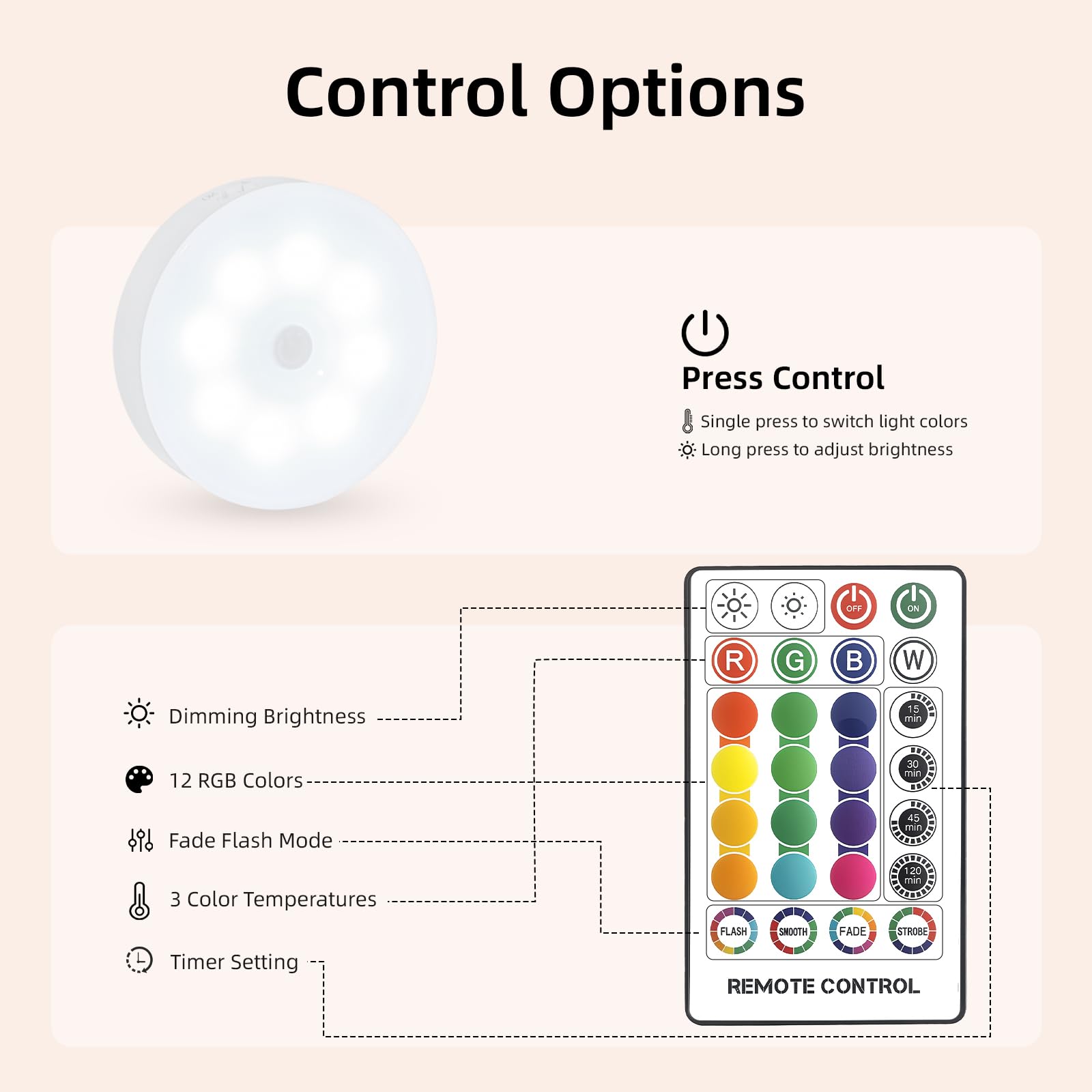 Sunnyes dimmer and timer puck light with color control
