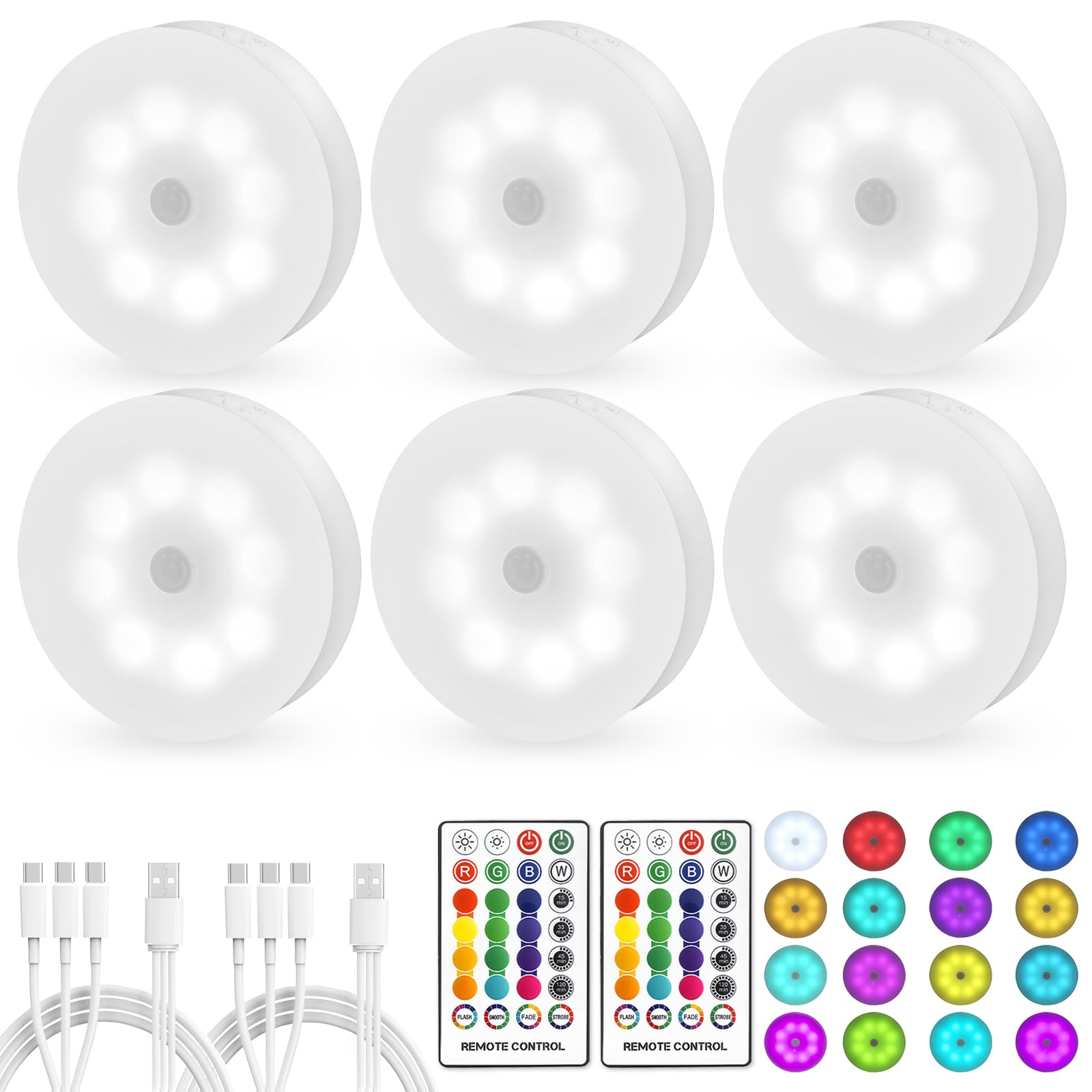 Sunnyes LED puck light with remote showing color options for ambient lighting