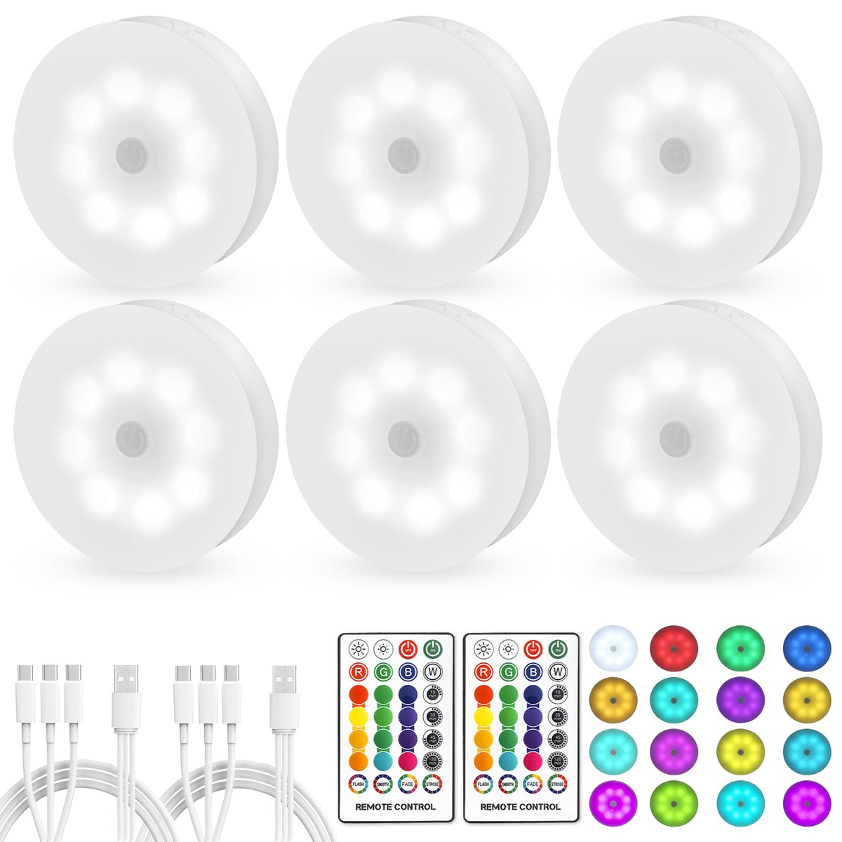 Sunnyes LED puck light with remote showing color options for ambient lighting