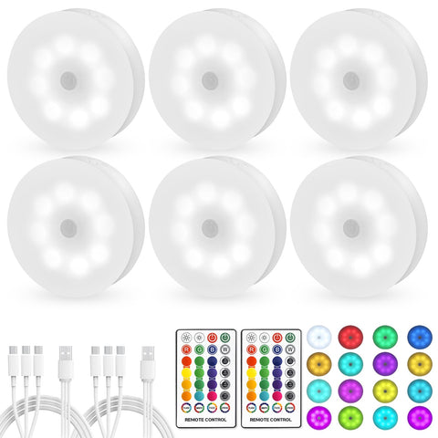 Sunnyes LED puck light with remote showing color options for ambient lighting