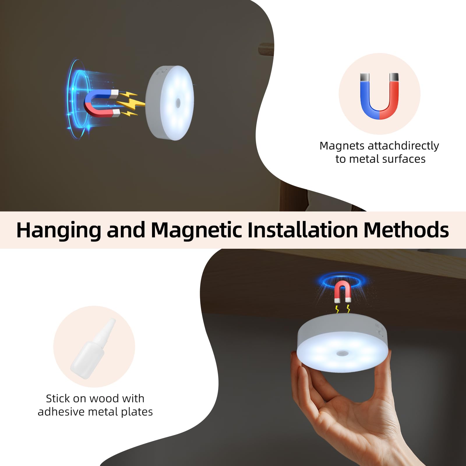 Sunnyes USB rechargeable puck light for cordless, convenient lighting anywhere