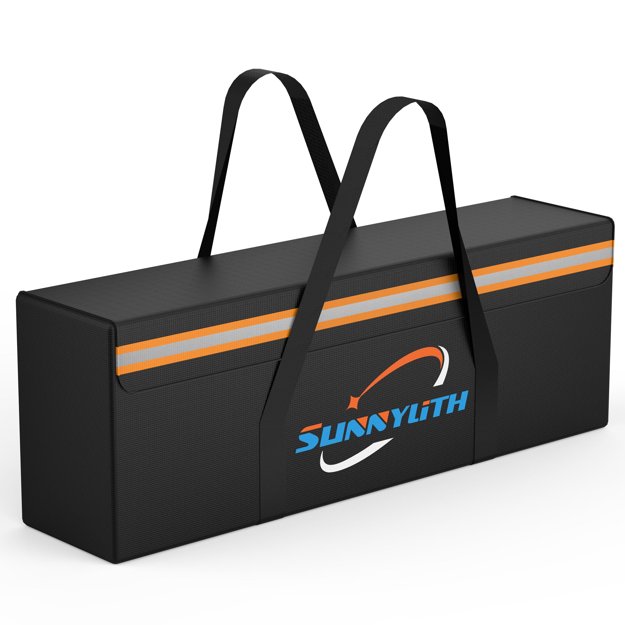 SunnyLith fireproof bag open with items, showing secure battery storage