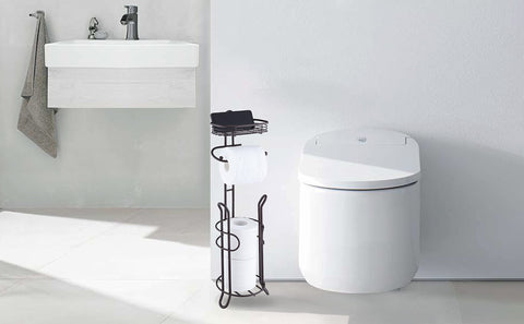 SunnyPoint bronze stand in a bathroom corner for convenient dispensing