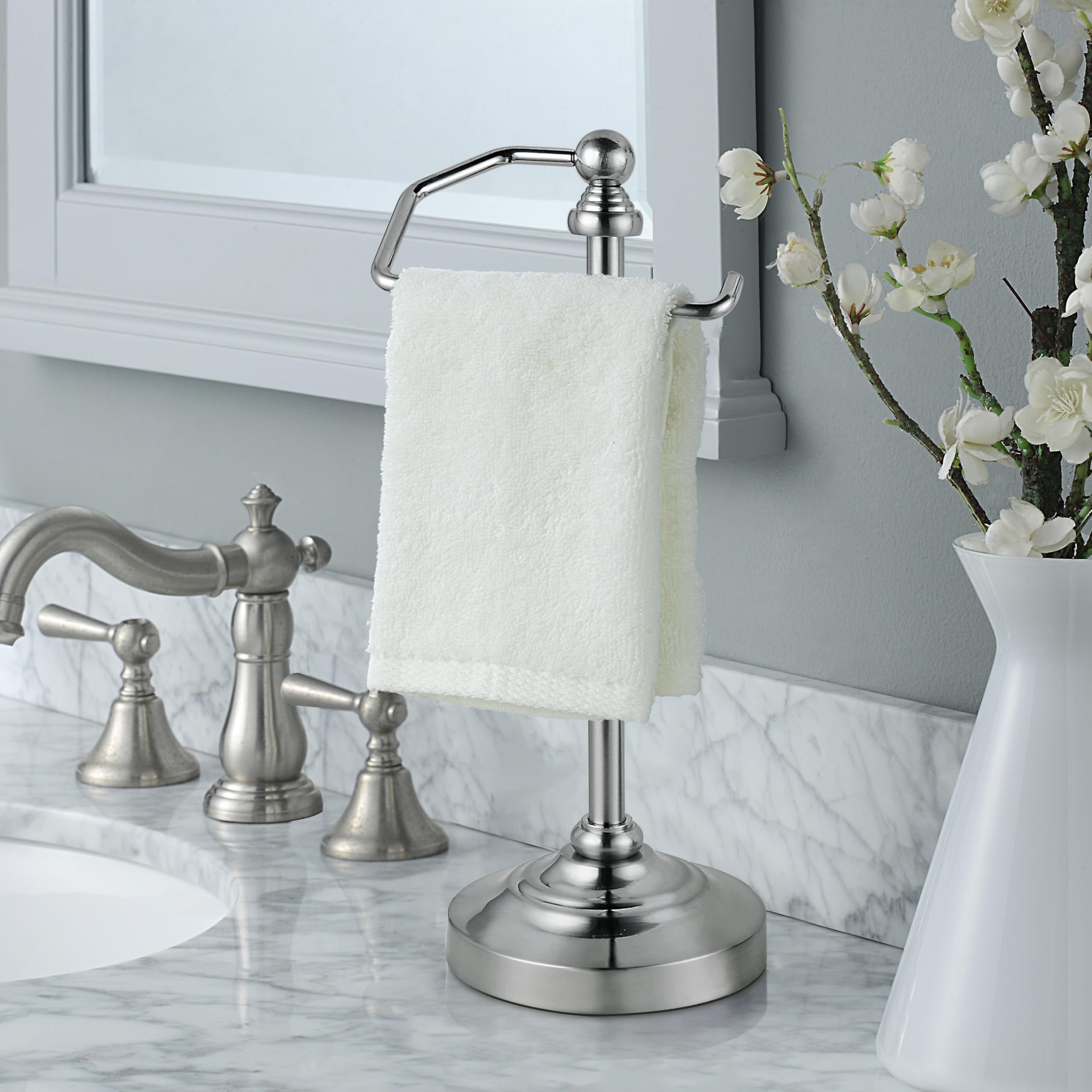 SunnyPoint Deluxe towel holder side view highlights tall, stable profile for fingertip towels.