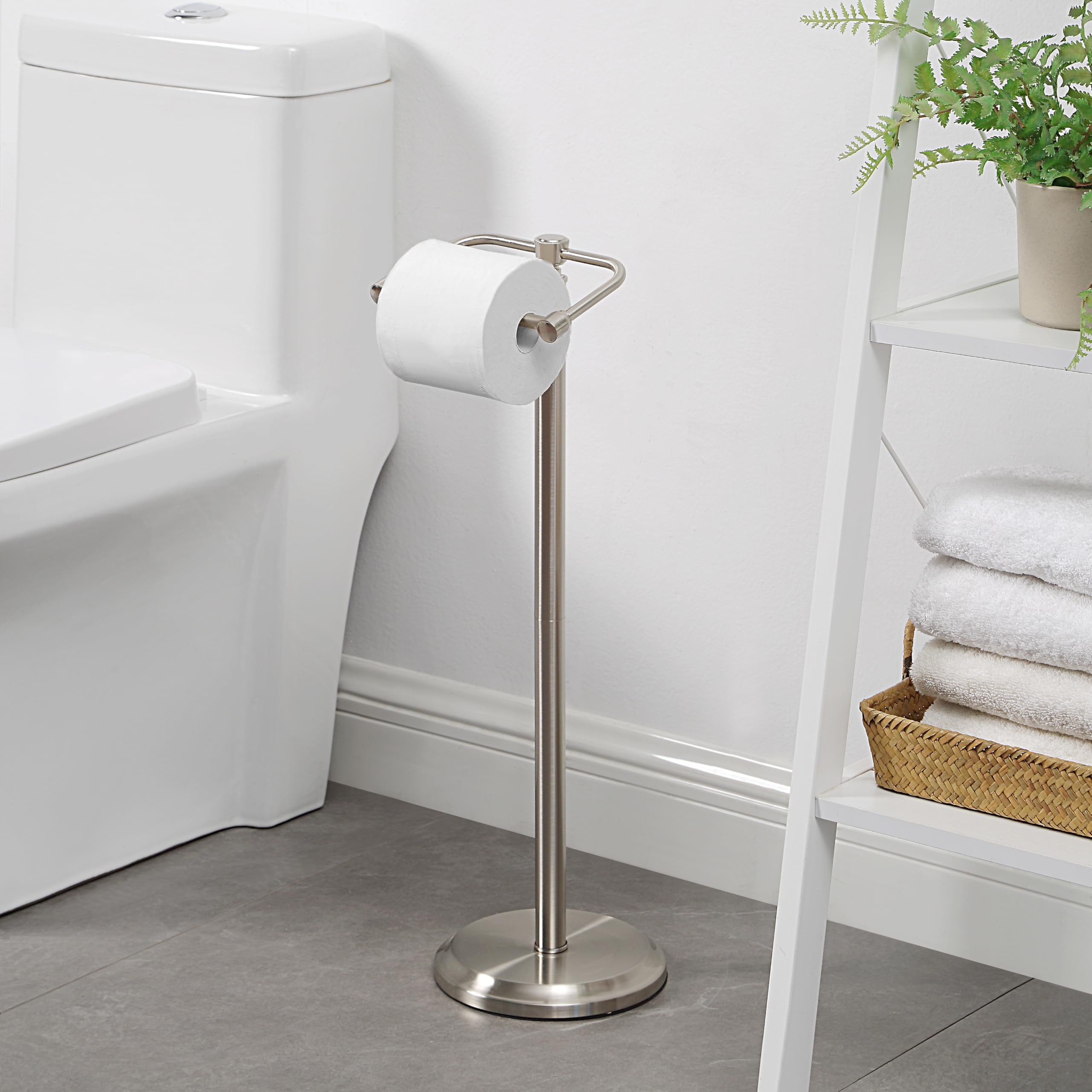 SunnyPoint tower upright design free-standing toilet paper holder for easy access.