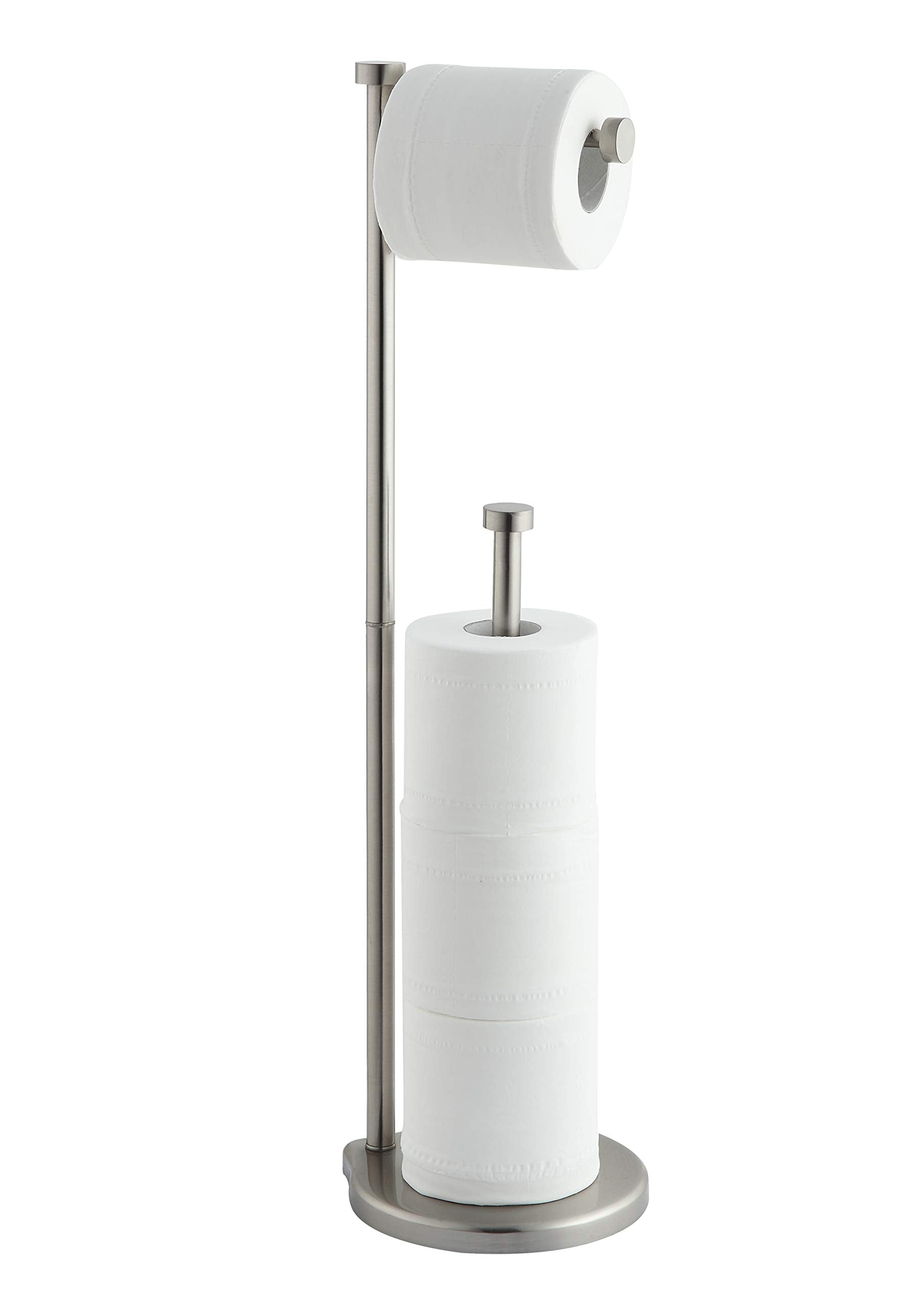 SunnyPoint free-standing toilet paper holder with a sleek silhouette for versatile bathroom placement.