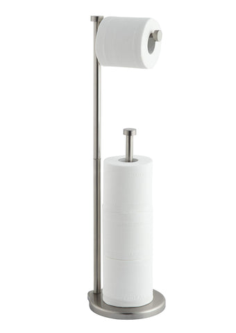 SunnyPoint free-standing toilet paper holder with a sleek silhouette for versatile bathroom placement.