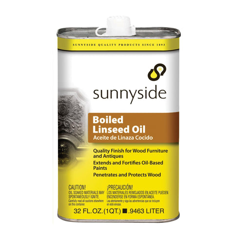 Sunnyside Boiled Linseed Oil bottle pouring to protect and enhance wood grain