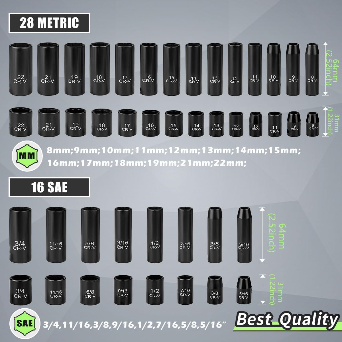 Sunplux laser-etched socket sizes aid fast identification in dim light.