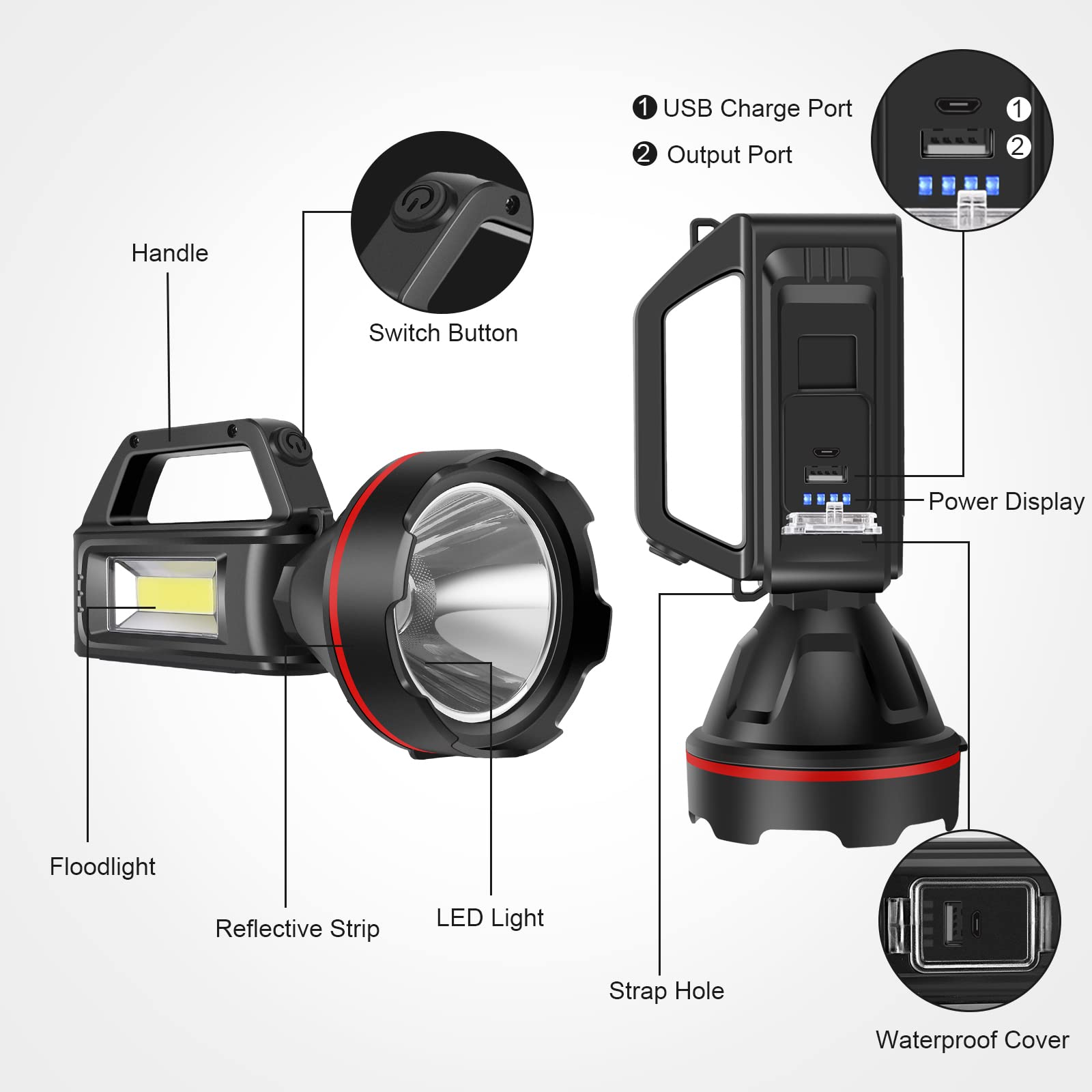 SUNPRO LED searchlight in four modes for versatile outdoor lighting