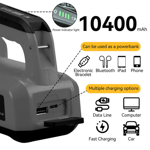 SUNREI 10400mAh battery powers devices during camping trips.