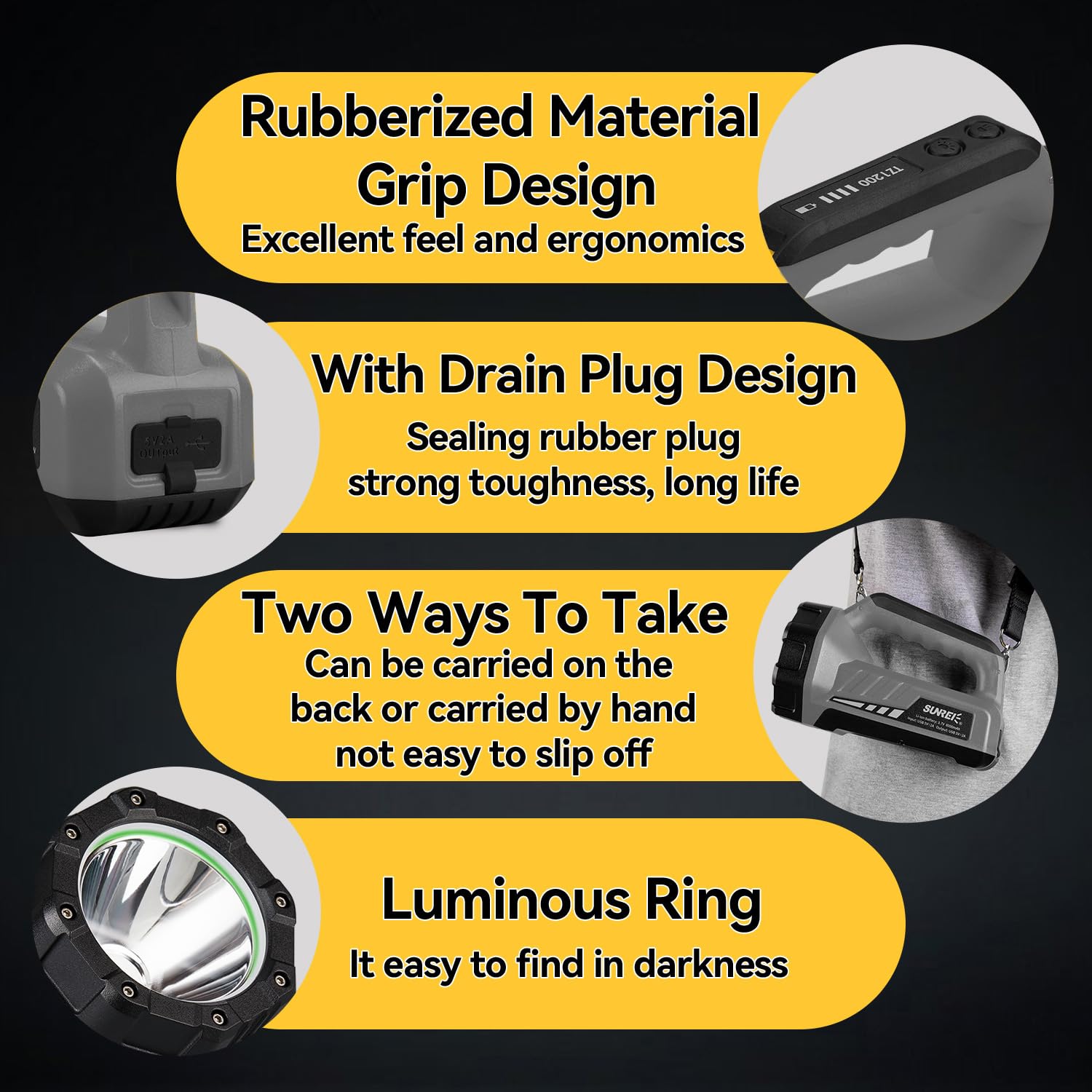 SUNREI IP67 waterproof design withstands rain and splashes during outdoor use.