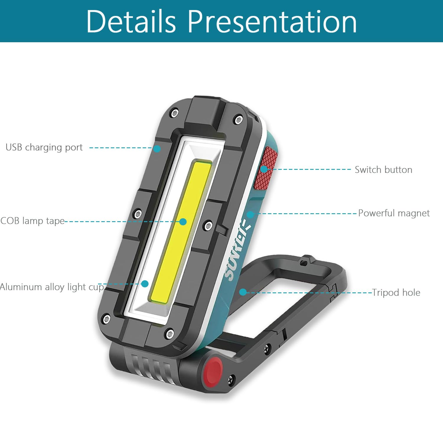 SUNREI light showing magnetic base and 180-degree tilt for flexible angles