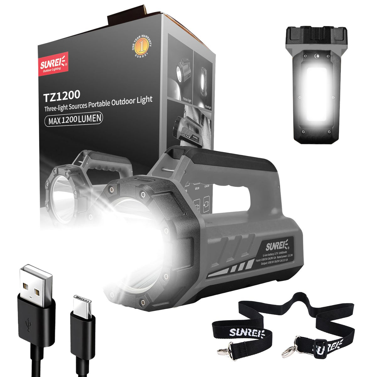 SUNREI Rechargeable LED flashlight front view shows rugged build and bright 1500LM output.