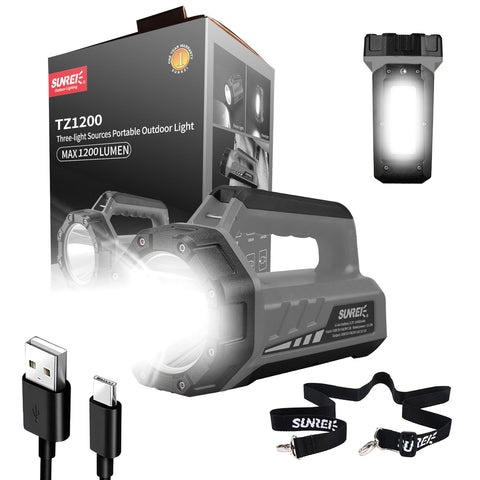 SUNREI Rechargeable LED flashlight front view shows rugged build and bright 1500LM output.