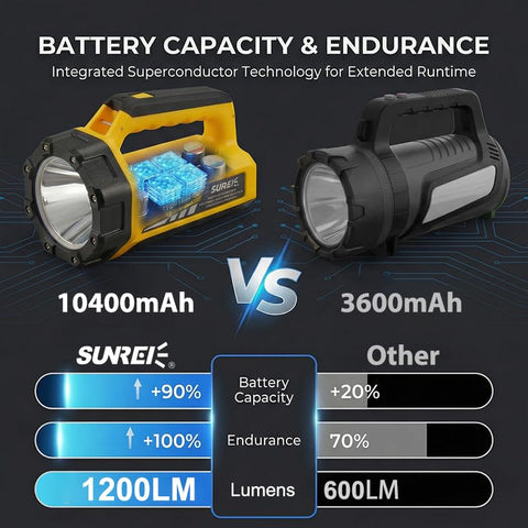 SUNREI flashlight side COB light highlights versatile white illumination.
