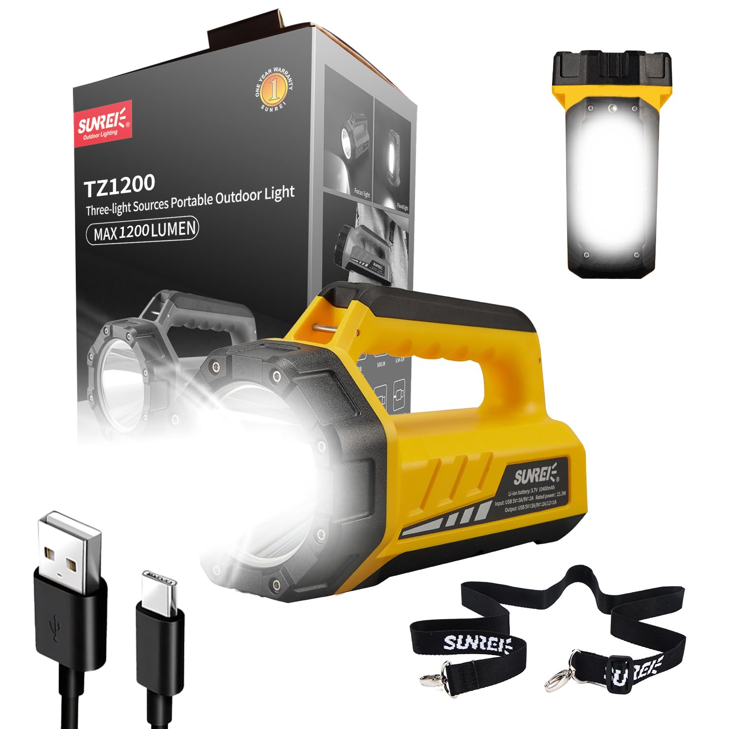 SUNREI rechargeable LED flashlight main beam illuminates up to 750 meters for outdoor visibility.