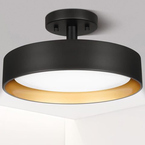 SunRider semi-flush mount with black exterior and gold interior adds vintage-modern elegance to hallways