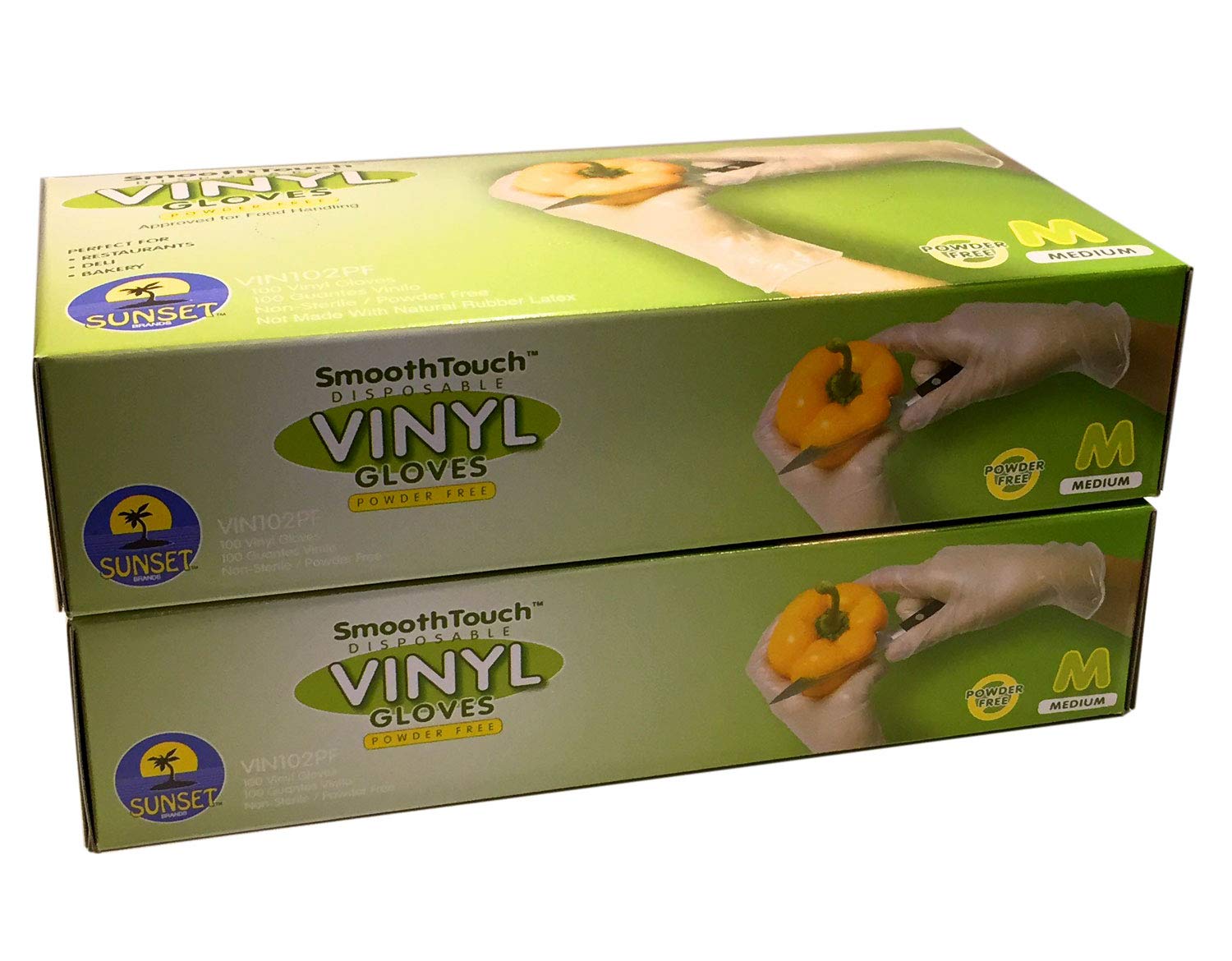 Sunset Brands 200 disposable vinyl gloves pack closeup showing durable, powder-free handling.