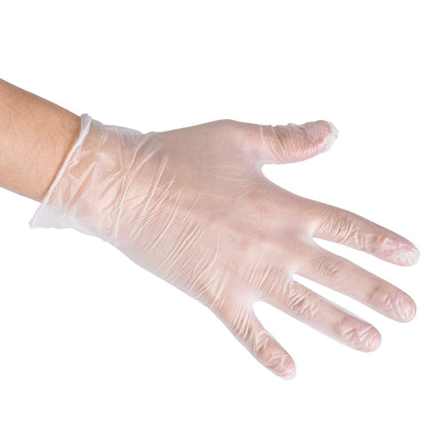 Sunset Brands smooth-touch vinyl gloves on hand demonstrating easy donning.