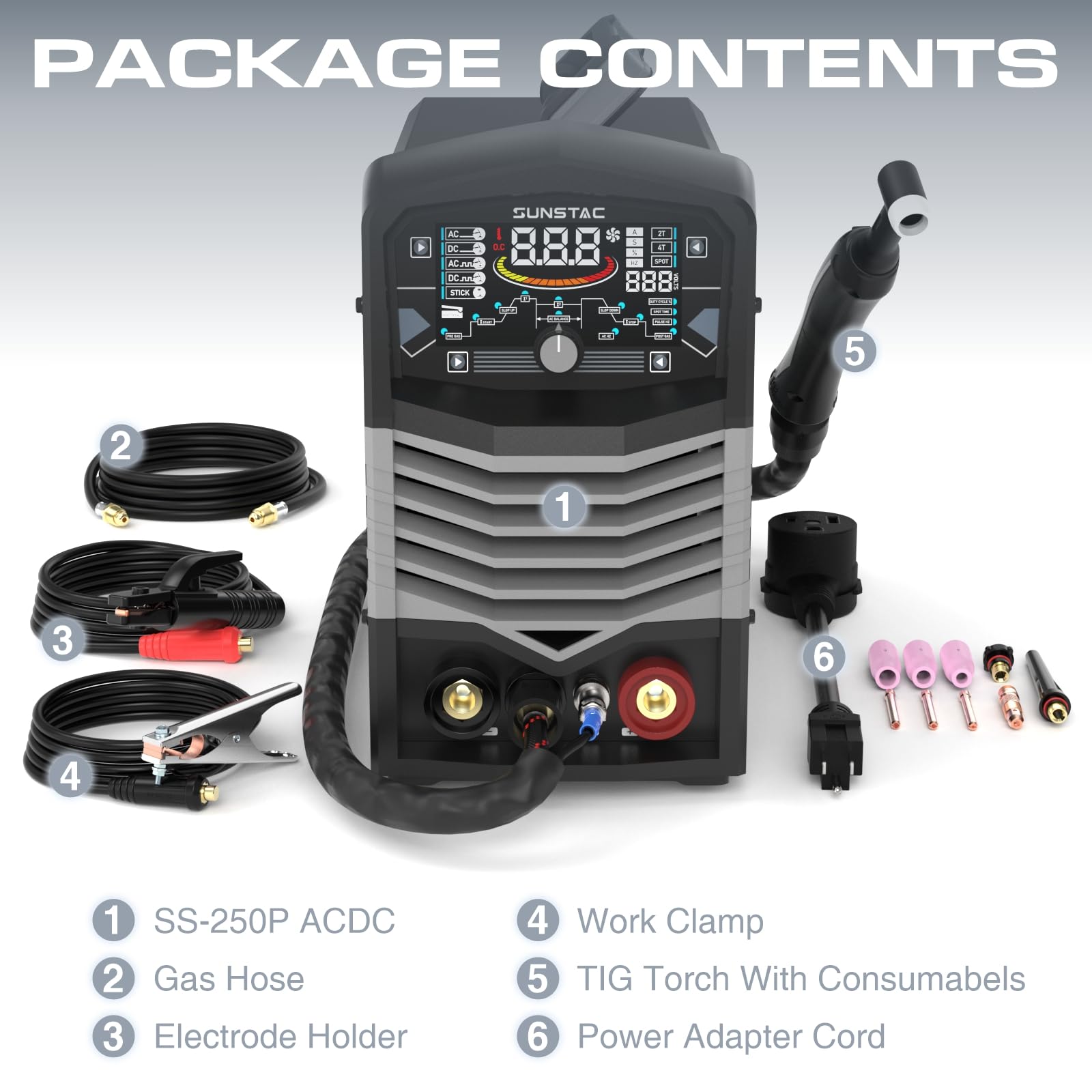 Sunstac 250A AC/DC TIG welder aluminum welding capability for thin and thick joints.