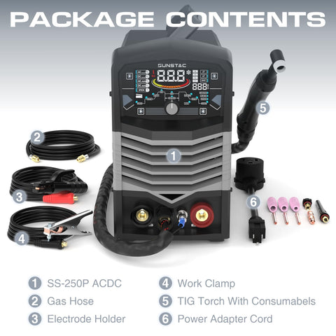 Sunstac 250A AC/DC TIG welder aluminum welding capability for thin and thick joints.