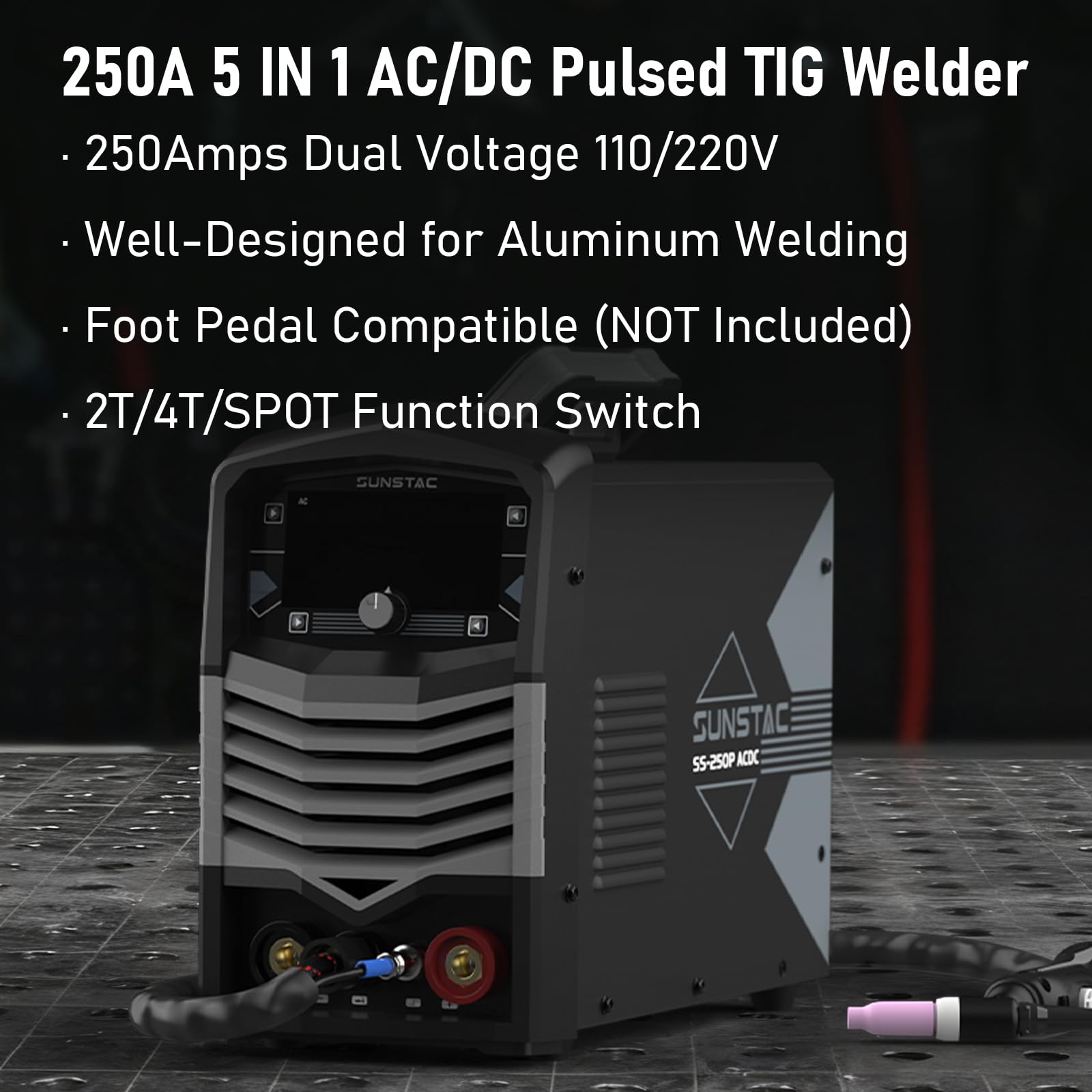Sunstac 250A AC/DC TIG welder control panel highlighting accessible settings.