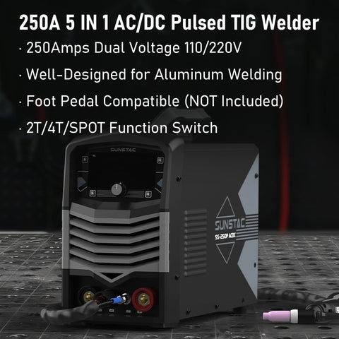 Sunstac 250A AC/DC TIG welder control panel highlighting accessible settings.