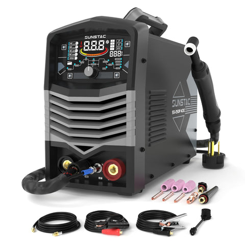 Sunstac 250A AC/DC TIG welder front view showing dual voltage capability for aluminum work.