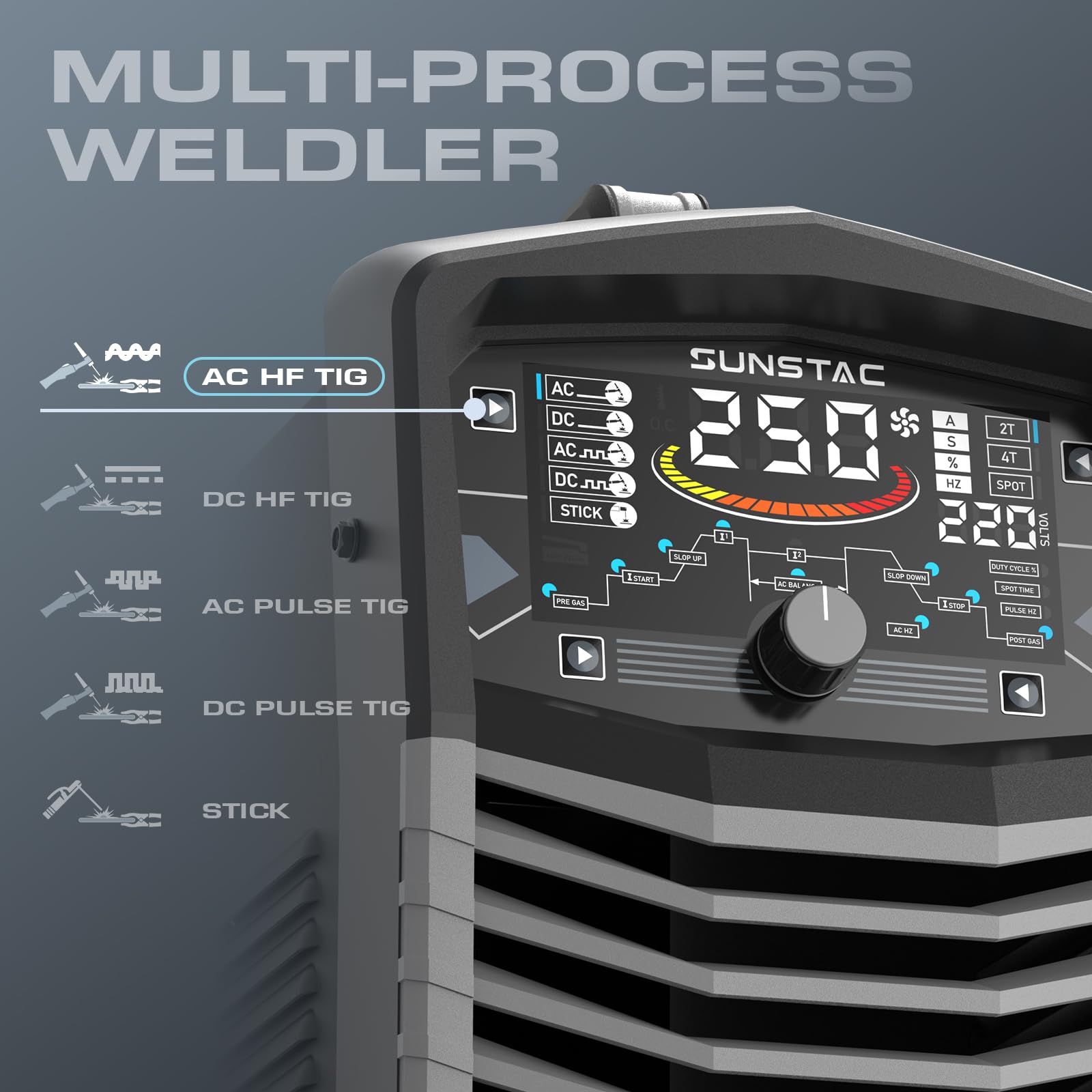 Sunstac 250A AC/DC TIG welder LCD screen for clear parameter readings during setup.