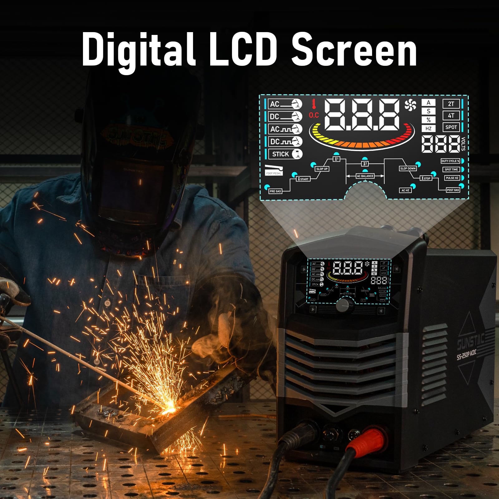 Sunstac 250A AC/DC TIG welder pulse function enabling controlled heat for precision welds.