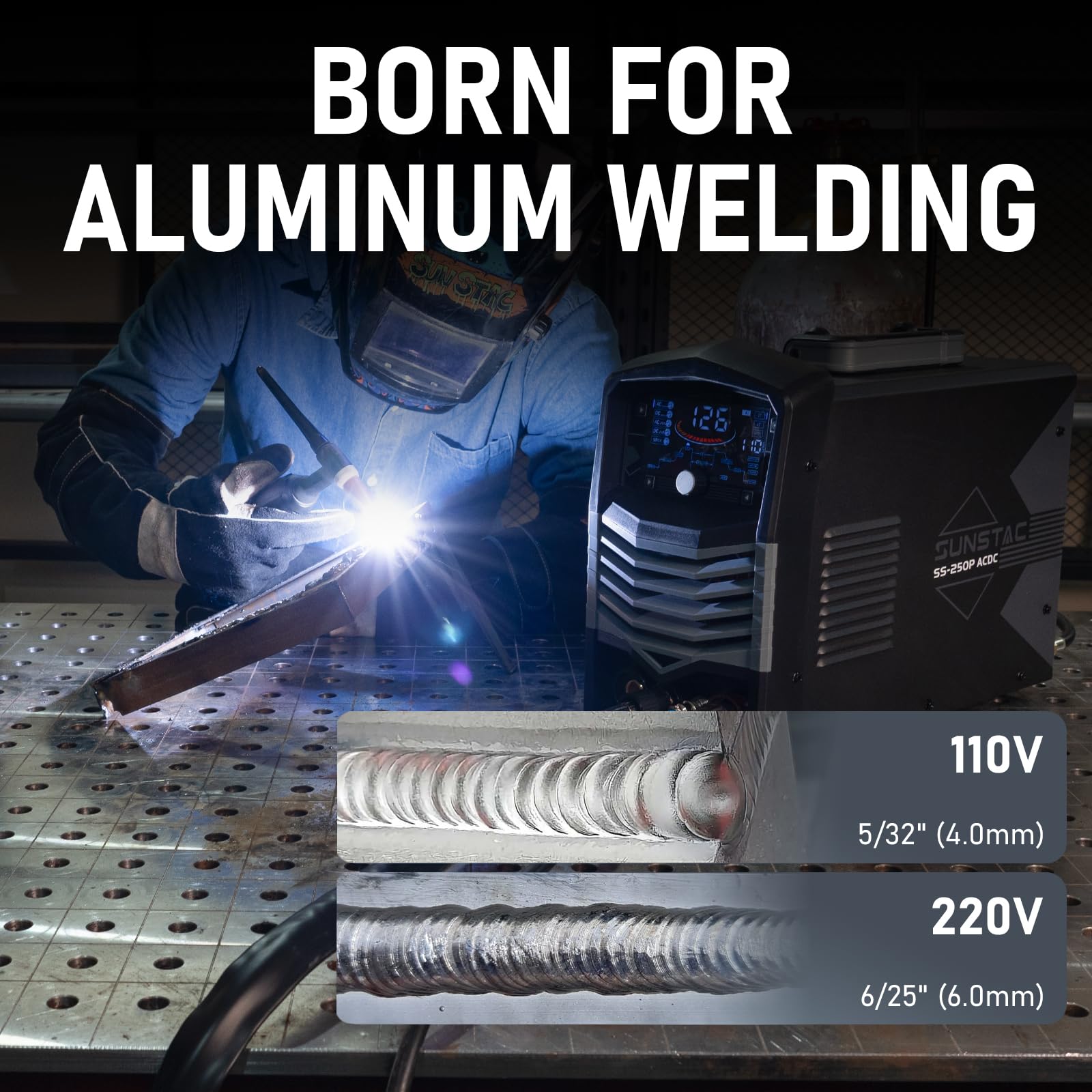Sunstac 250A AC/DC TIG welder spot TIG mode suitable for joint reinforcement.