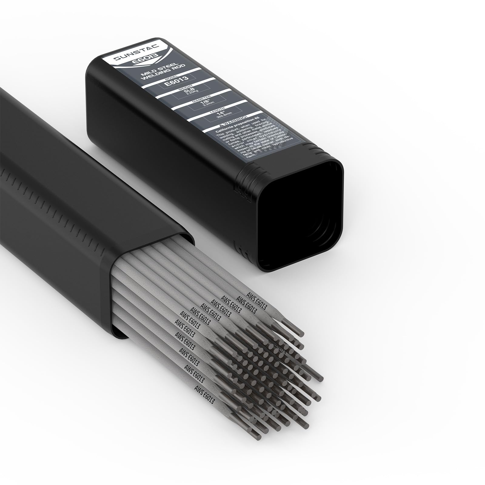 Sunstac E6013 coating close-up shows stable arc for clean welds.