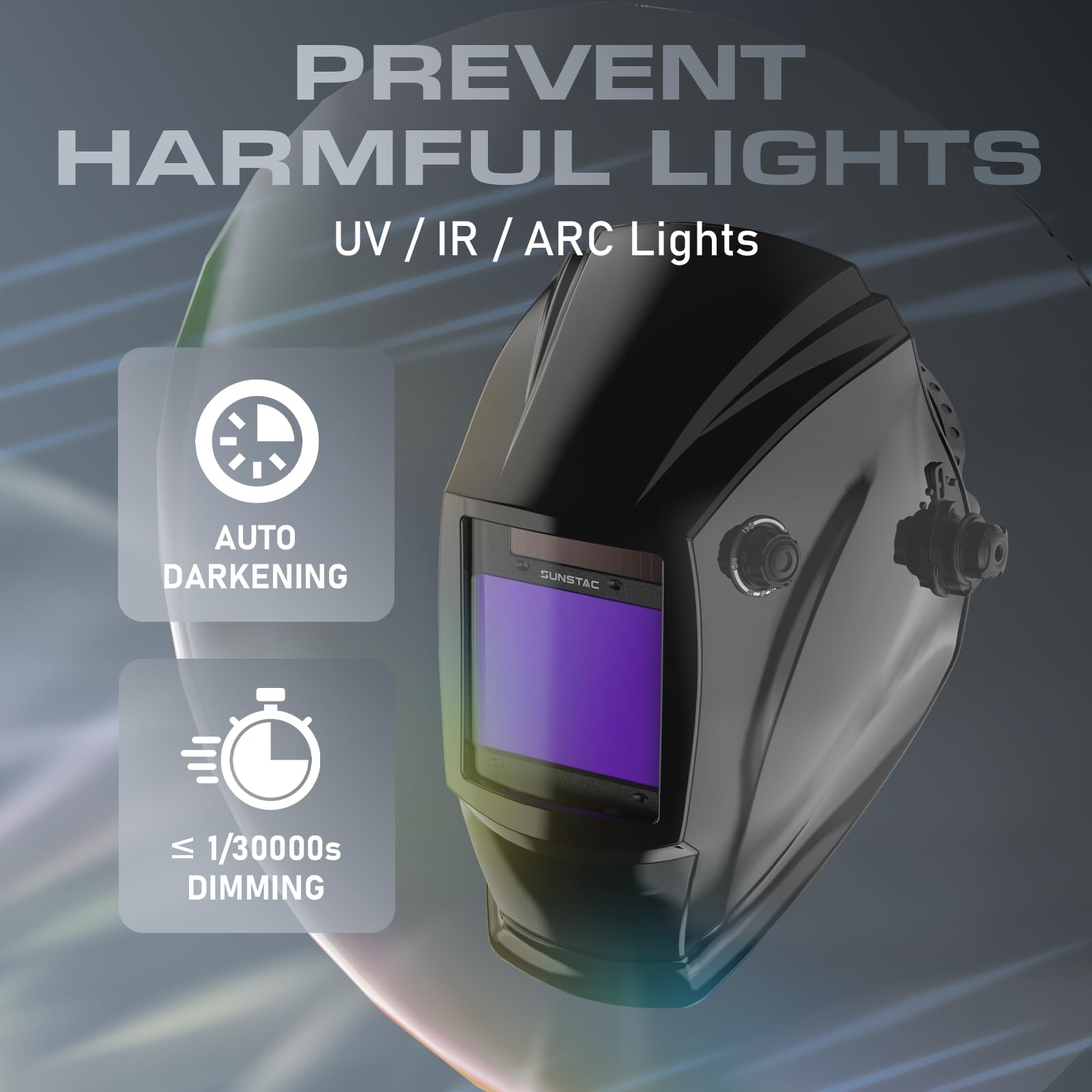 Sunstac helmet with four arc sensors protecting eyes during welding